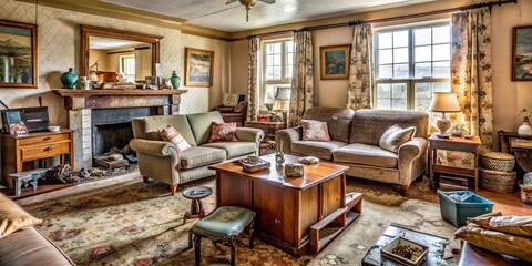 Obraz premium A cluttered and outdated living room with worn furniture, old decor, and faded carpet, highlighting the need for renovation before listing the property.