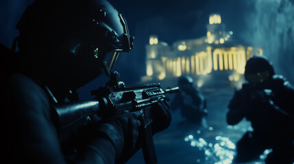 Special Forces Operation in Urban Night Setting
