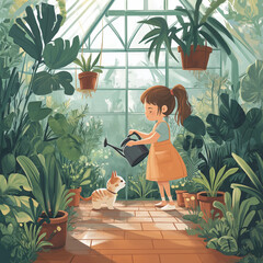 a girl watering plants in the glasshouse feeling happy
