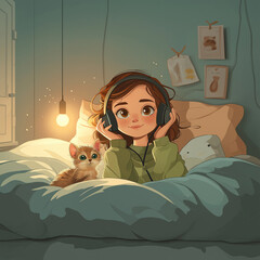 a girl listening to music in the bedroom feeling peaceful
