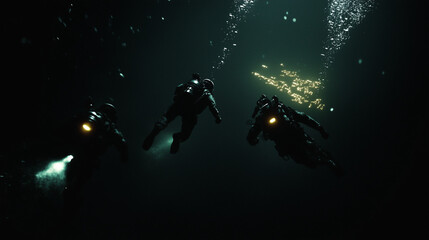 Divers Descending into Dark Ocean Depths for Exploration
