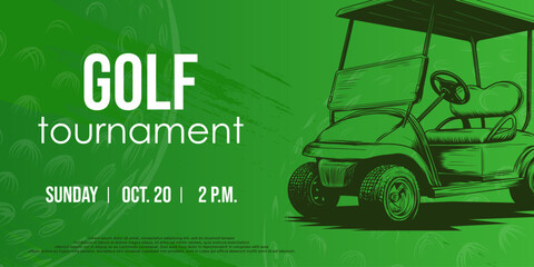 Obraz premium Creative Golf themed background with Golf cart and golf ball in sketch style. Sport and Game tournament concept. Vector banner, championship announcement, ad.