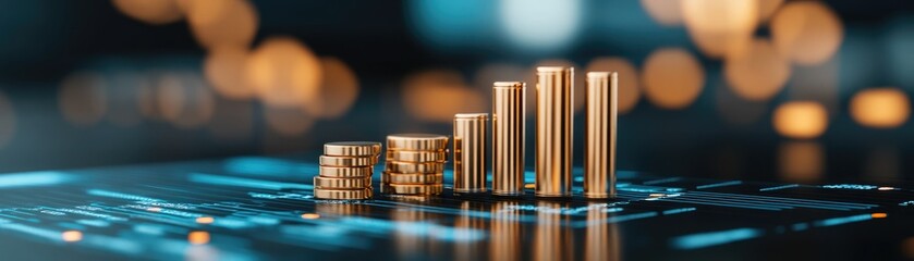 Obraz premium A close-up view of gold coins and bars, symbolizing finance, investment, and wealth growth in a modern digital setting.