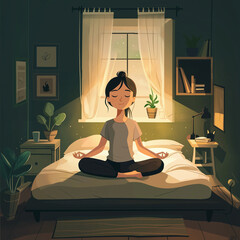 A girl meditates in the bedroom