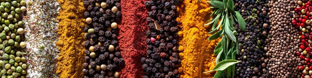 Poster top view of an array of vibrant spices close-up of assorted fresh spices and herbs collection of col