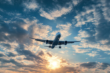 Obraz premium An airplane flying through a colorful sky at sunset.