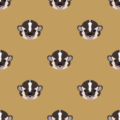 Seamless animal pattern with heads of American badger. Taxidea taxus. Cartoon style. On yellow background.