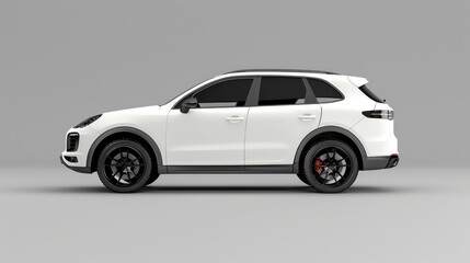 Fototapeta premium White SUV with black wheels on a grey background, viewed from the side.