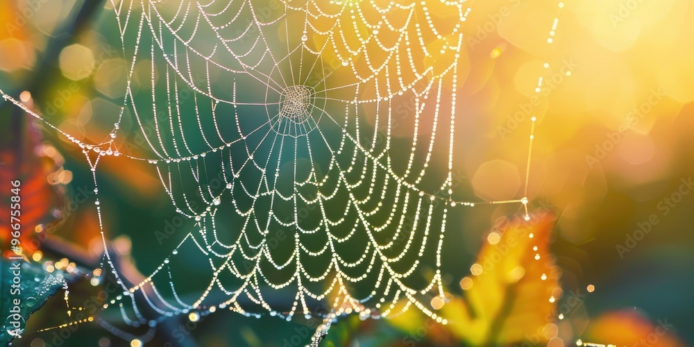 Wall mural dew-covered spiderweb with a soft-focus background