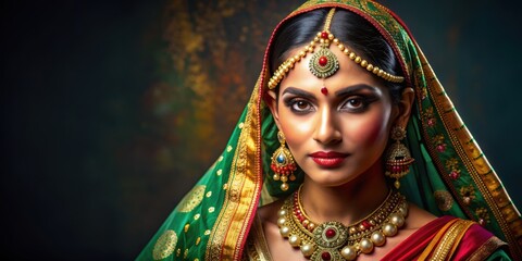 Obraz premium Traditional Indian woman in colorful saree and intricate jewelry , Indian, traditional, culture, saree, jewelry
