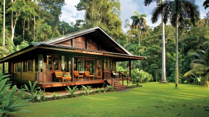 Wooden Cabin in a Lush Tropical Rainforest.