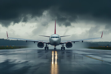 Fototapeta premium A plane on a wet runway under a dramatic sky, preparing for takeoff or landing.