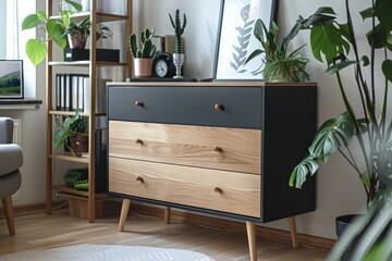 Black and White Chest of Drawers with Light Wood Legs, Four Large Drawers, Office Bookcase, Plants, Books, and Framed Pictures in Modern Home Decor