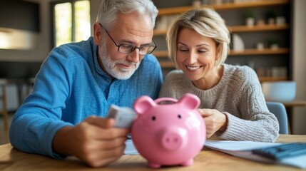 Senior couple setting financial goals together or reviewing their savings plan with a piggy bank and coins after retirement, saving concept.