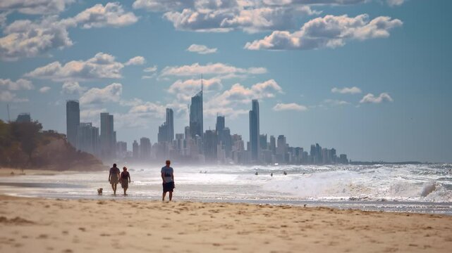 Gold Coast, Queensland, Australia. A Group of PEOPLES Walking and Carrying Surfboards on the Beach. surfer paradise