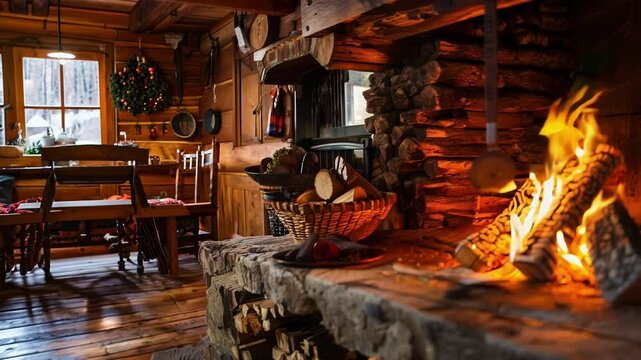 Bright fire is crackling in the fireplace of this cozy wooden cottage, providing warmth and comfort on a cold winter day