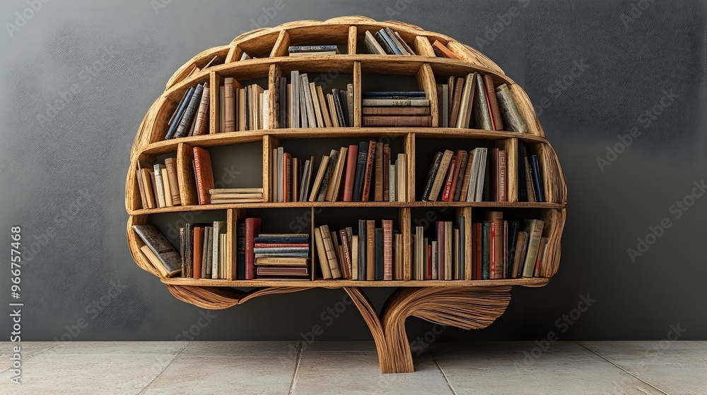 Poster brain composed of bookshelves symbolic representation of knowledge and learning