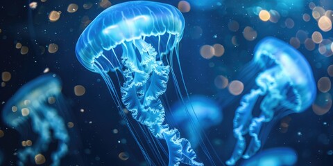 Naklejka premium Small blue jellyfish glowing under the ocean