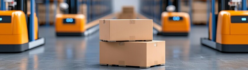 Fototapeta premium Automation in logistics, capturing warehouse robots, automated forklifts, conveyor systems, with a neutral gray and deep blue theme for precision and efficiency