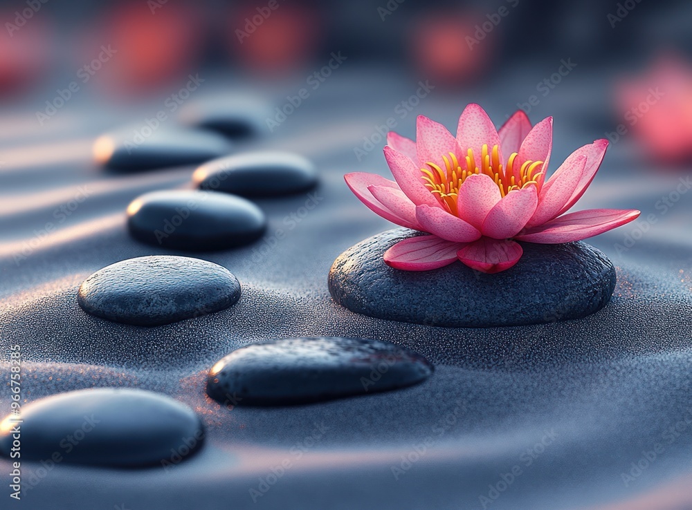 Canvas Prints Pink Water Lily on a Stone with Black Rocks