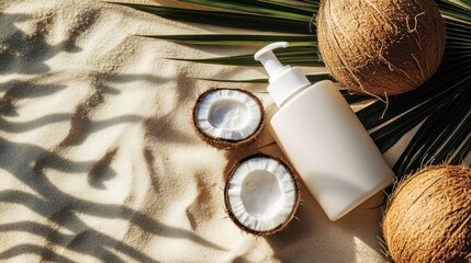 Obraz premium Coconut Oil and Palm Leaf on Sandy Beach