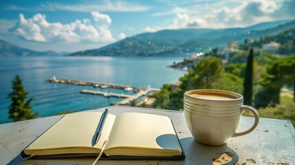 Scenic Vacation Spot: An Open Travel Journal with a Pen and a Cup of Coffee on a Table