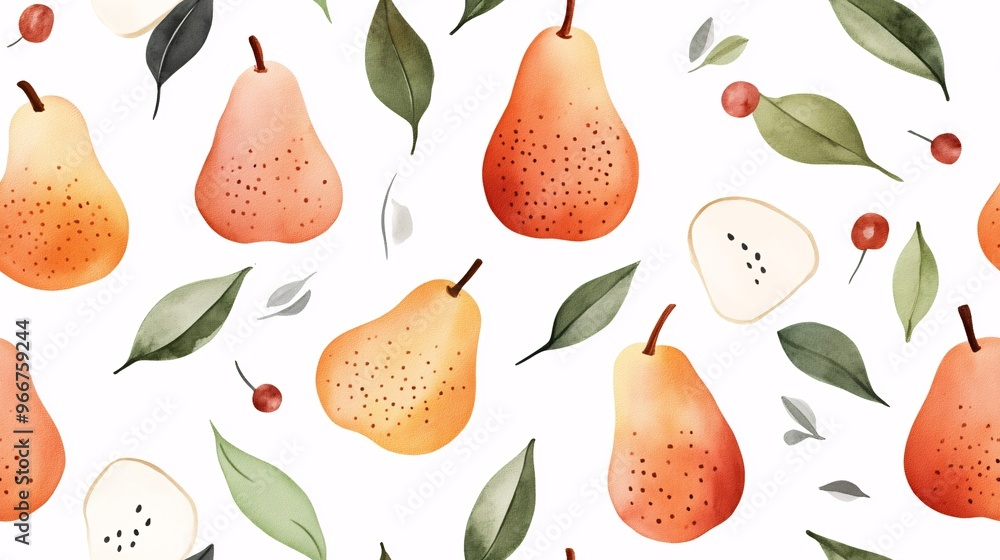 Poster watercolor pear seamless pattern: delicate watercolor pears and leaves create a charming and rustic 
