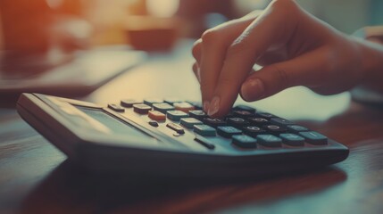 Fototapeta premium Close-up of a person using a calculator, reviewing financial documents, symbolizing financial planning and management.