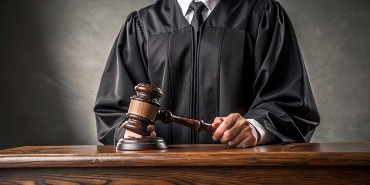 Partial view of judge in robe holding gavel in court, judge, robe, gavel, court, law, judiciary, justice, legal