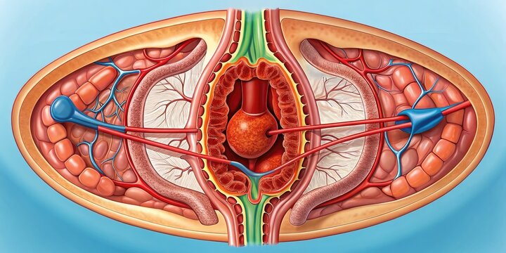 A detailed illustration of a fistula, a abnormal connection between two organs or vessels, showing the affected area with surrounding tissue and blood vessels.