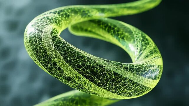 Lime green mobius strip with intricate geometric patterns rotates in platinum silver void. Infinite loop structure showcases dimensional manipulation. 