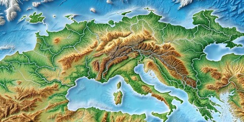 A detailed topographic map of Europe highlights the small yet independent country of Liechtenstein, nestled between Switzerland and Austria in the Alps Mountains.