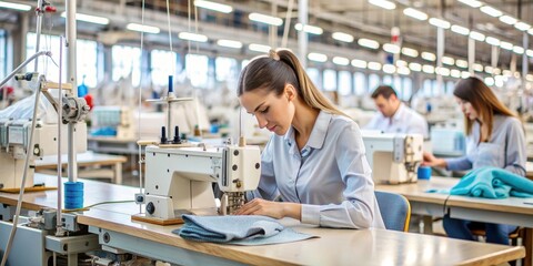 Obraz premium Seamstress working at industrial textile factory sewing clothes , textile, factory, sewing, garment, industry