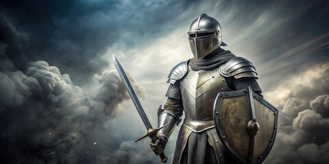 Fototapeta premium Armored knight in full body armor standing with sword and shield, armor, medieval, warrior, helmet, metal