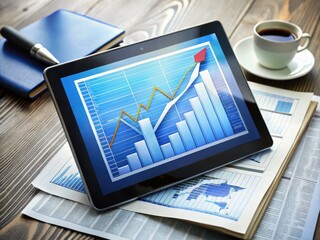 A digital tablet displays a fluctuating market graph with a rising arrow, surrounded by financial newspapers and a laptop, highlighting market trends and analysis.