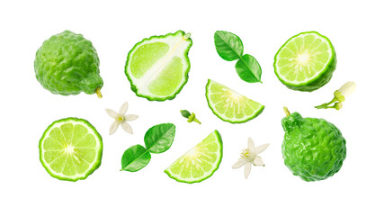 Group bergamot with slices bergamot and flower pattern isolated on white background , clipping path.