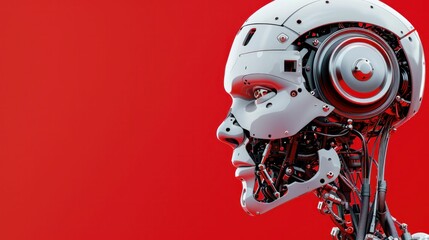 Robot head profile, showcasing advanced technology, futuristic design, and intricate details against a vibrant red background, symbolizing innovation and artificial intelligence in modern society