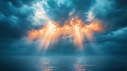 A beautiful blue sky with sun rays illuminating the clouds from behind.