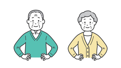 腰に手を当てて自信を見せる後期高齢者男女の上半身イラスト