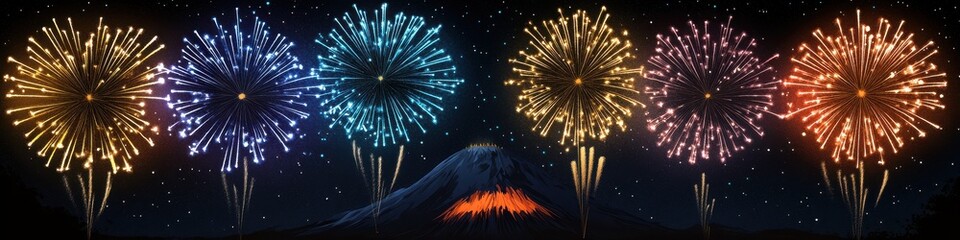 Obraz premium Magnificent Vibrant Fireworks Display Over Majestic Mountain at Night Celebrating with Colorful Pyrotechnics Across the Skyline