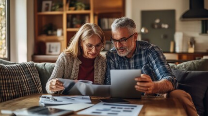 Senior couple reviewing their savings plan after retirement together, saving concept.