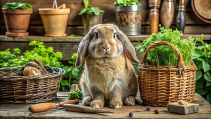 Adorable English Lop rabbit sitting on a rustic wooden table amidst scattered fresh greens, surrounded by vintage gardening tools and woven baskets.
