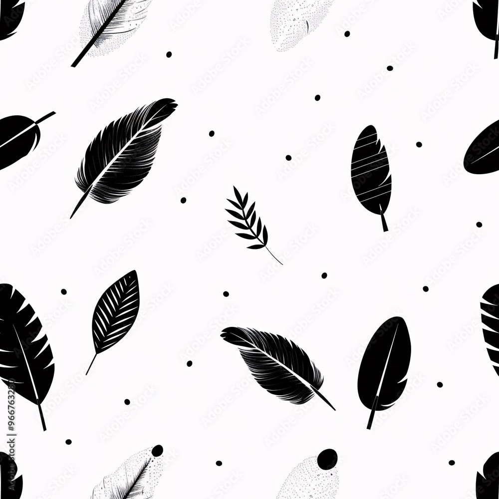 Poster black and white feather pattern: a seamless pattern of black feathers and leaves on a white backgrou