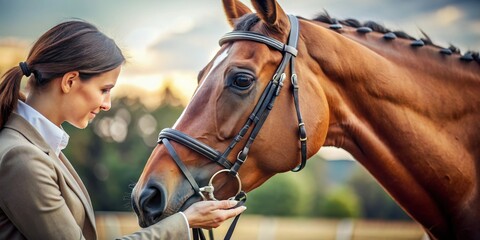Obraz premium Closeup shot of a rider gently stroking the neck of a horse, rider, stroking, horse, neck, closeup, equestrian, animal, bond