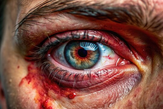 A dramatic close-up of a severely bruised and swollen human eye with deep lacerations, redness, and excessive tear secretions, conveying intense pain and distress.