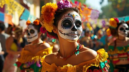 A festive parade of people dressed in colorful costumes and wearing painted skull makeup, marching through the streets during a Day of the Dead celebration, with papel picado decorations in the