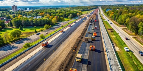 Fototapeta premium Aerial view of a multi-lane highway expansion project with heavy machinery, orange cones, and freshly paved lanes stretching over 10 miles in Novi, Michigan.