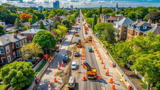 Aerial view of Dorchester Road under renovation, with orange cones, heavy machinery, and construction vehicles filling the lanes, surrounded by urban buildings and trees.