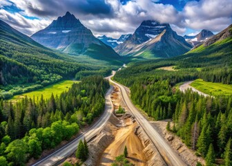 Aerial view of ongoing road construction on Many Glacier Road in Glacier National Park, Montana, surrounded by lush forests and majestic mountains in 2021.
