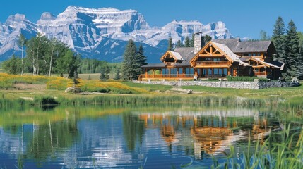 Naklejka premium Log Cabin with Mountain View and Pond Reflection.